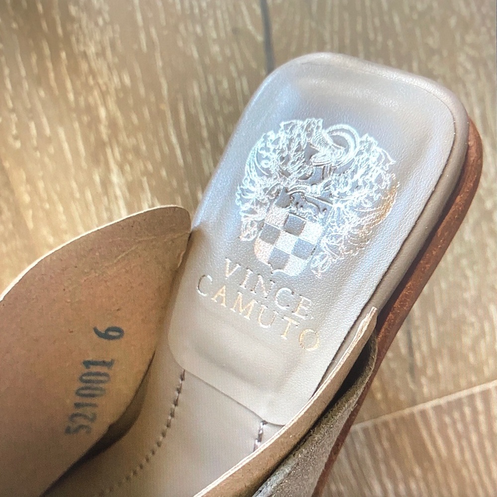 Vince Camuto Shimmery Taupe Open-Toe V-Slit Slide Mules - Picture 3 of 5